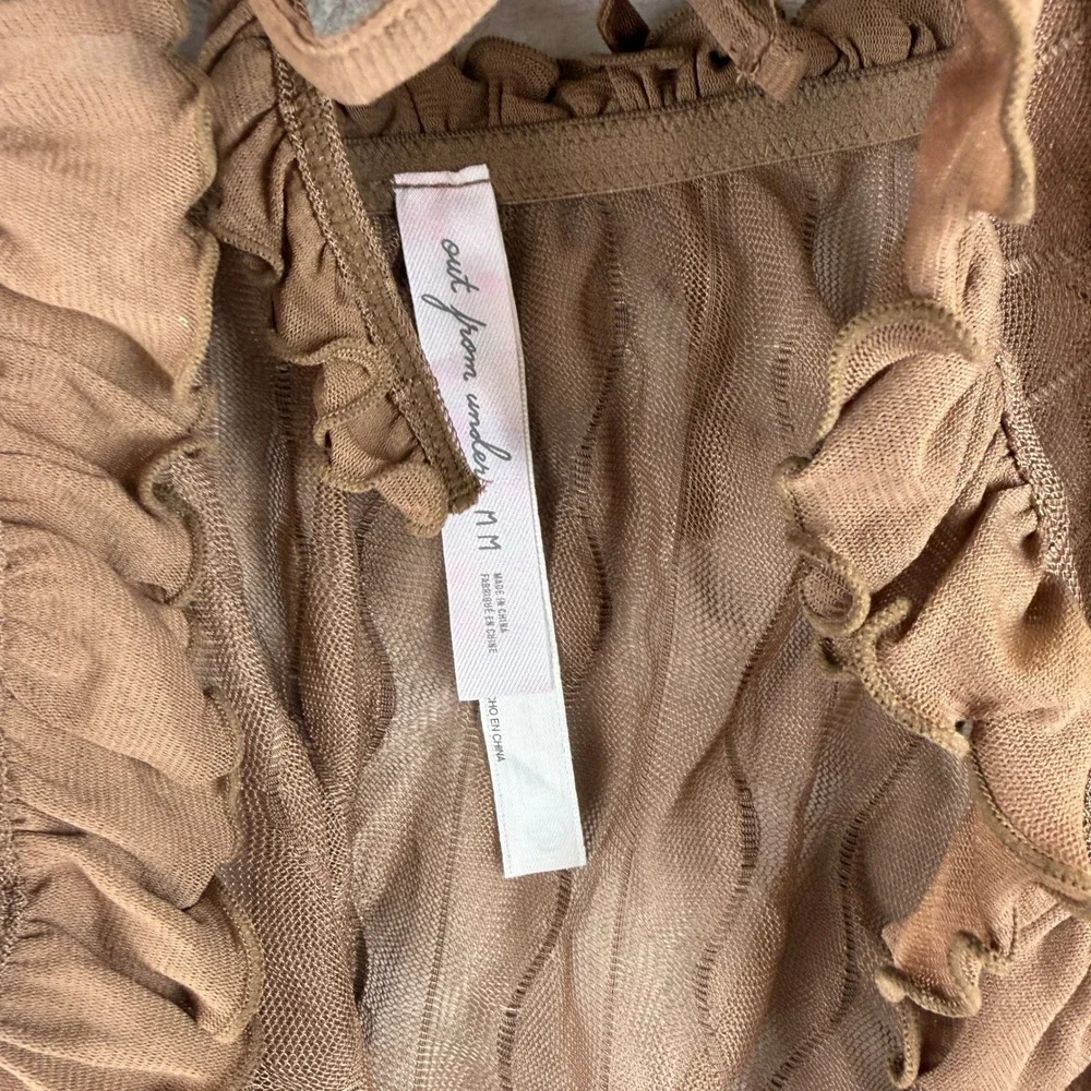 Out From Under Brown Sheer Mesh Ruffle Halter Top Small Medium V-Neck Tie Front